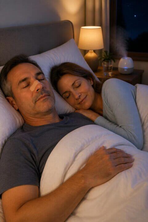 A couple sleeping in bed at night, with the man wearing a nasal strip to stop snoring.