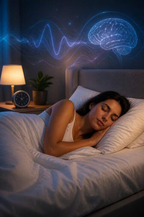 A person sleeping peacefully in a cozy bedroom at night with soft lighting.
