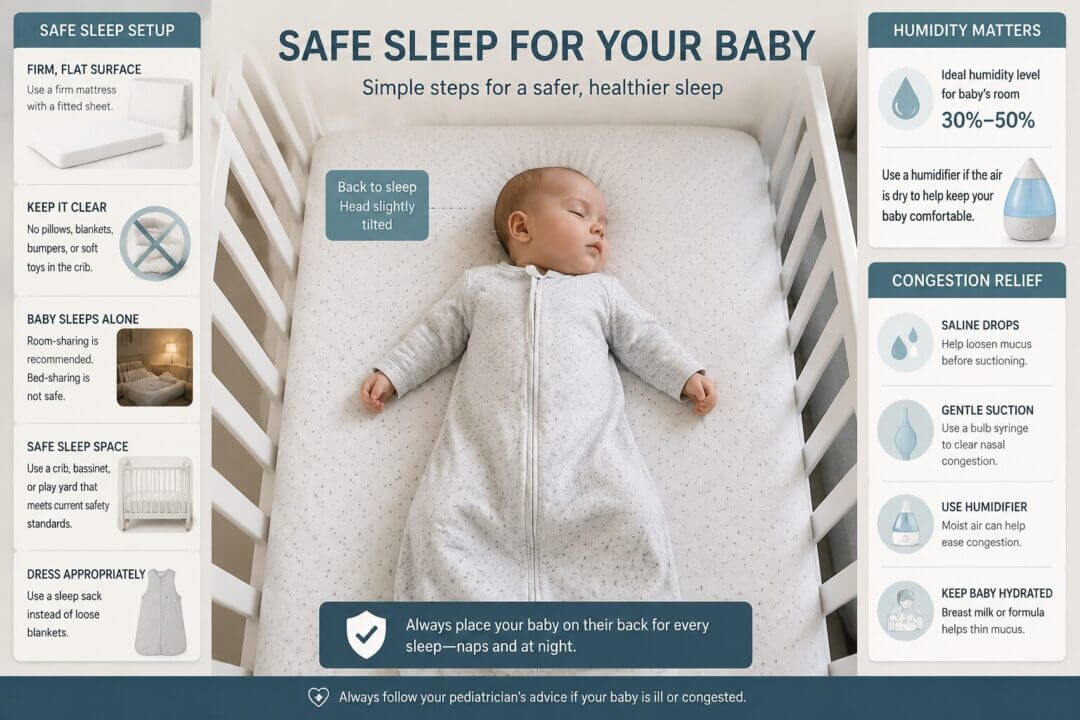 Infographic showing safe sleep positioning for babies: back sleeping with head slightly tilted, proper crib setup, humidity
