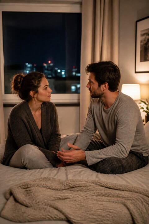 A couple sitting on a bed having a calm and caring conversation in a softly lit bedroom at night.