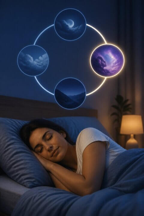 A person sleeping peacefully in bed at night with a subtle circular diagram above showing the four stages of the sleep cycle, highlighting REM sleep.