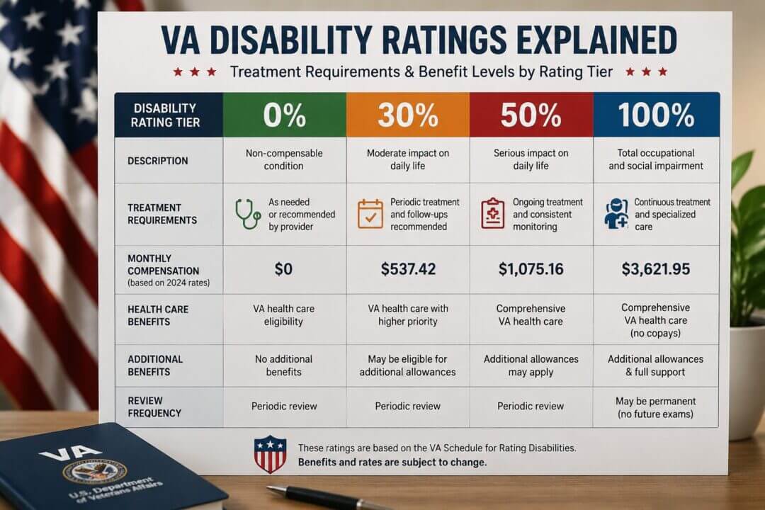 Visual guide showing VA disability rating tiers (0%, 30%, 50%, 100%) with corresponding treatment requirements and benefit