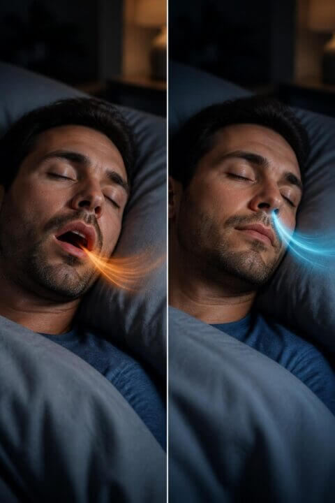 A split image showing a person sleeping with mouth open on one side and sleeping with nose breathing on the other side.