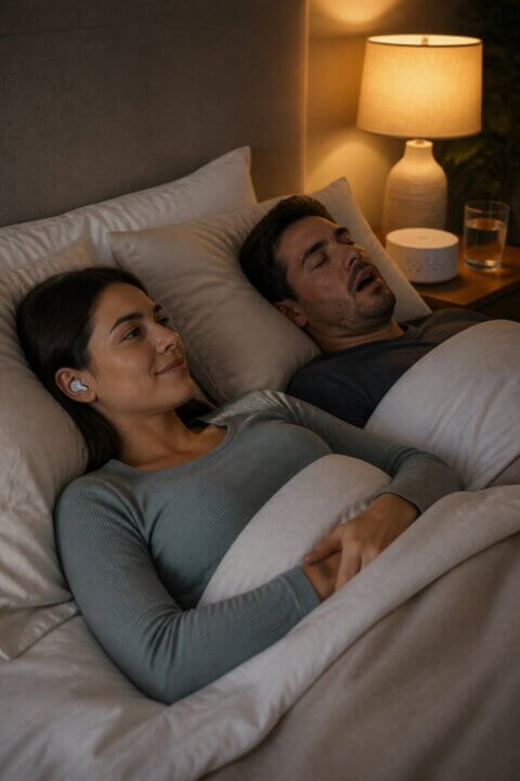 A couple in bed at night, one partner wearing headphones and awake while the other is sleeping peacefully.