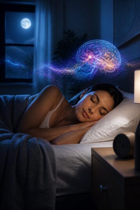 A person sleeping peacefully in a bedroom at night with colorful brain wave illustrations above their head.