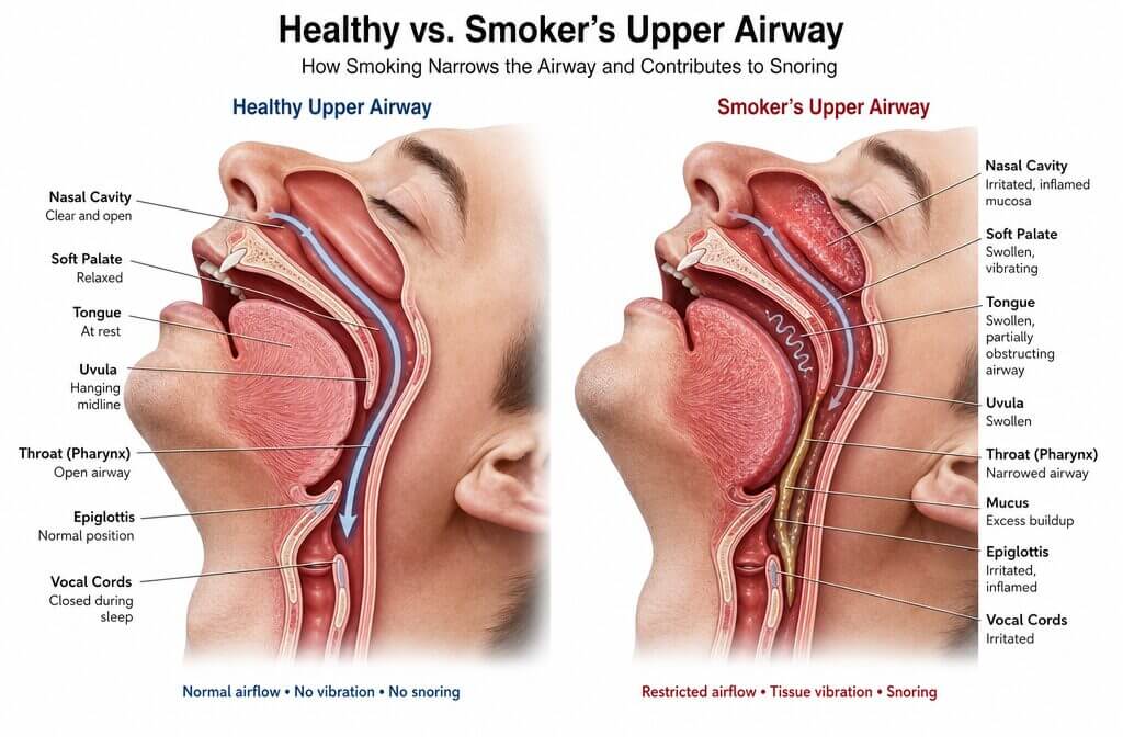Medical illustration showing cross-section of healthy airway versus smoker's inflamed airway with swollen tissues, excess