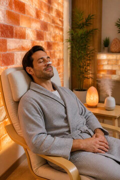 A man sitting relaxed in a salt therapy room with glowing salt walls, using a nasal device to help with snoring.