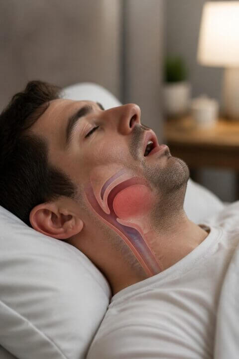 Side profile of a man sleeping peacefully on his back in a bedroom, focusing on his throat area.