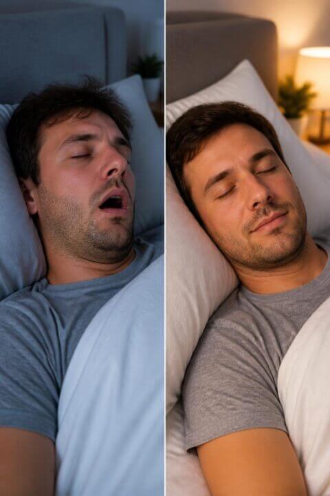 Split image of a person sleeping with mouth open on one side and sleeping peacefully with mouth closed on the other side.