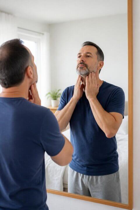 A man performing throat exercises in front of a mirror in a bedroom.