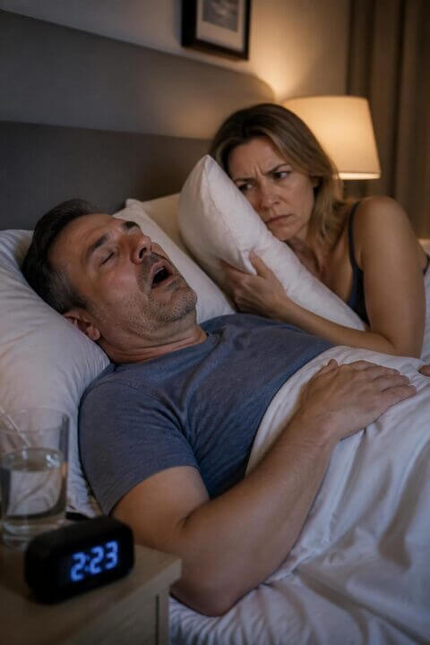A man lying in bed with eyes closed and mouth slightly open, while a woman sits up looking tired and frustrated.