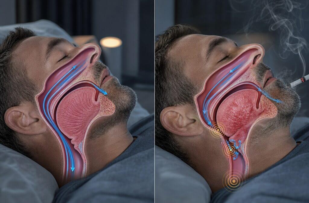 Side-by-side comparison diagram of normal breathing during sleep versus obstructed breathing in smokers, with arrows showing