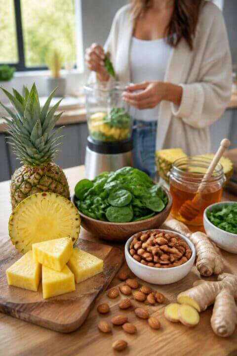 A kitchen table with fresh fruits, vegetables, nuts, and honey, with a person preparing a healthy meal in the background.