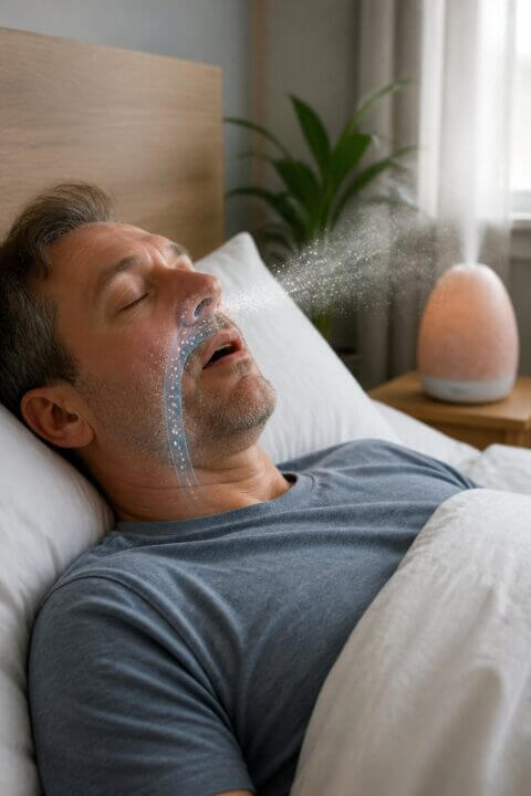 A middle-aged man sleeping peacefully in bed with a salt therapy device nearby emitting mist.
