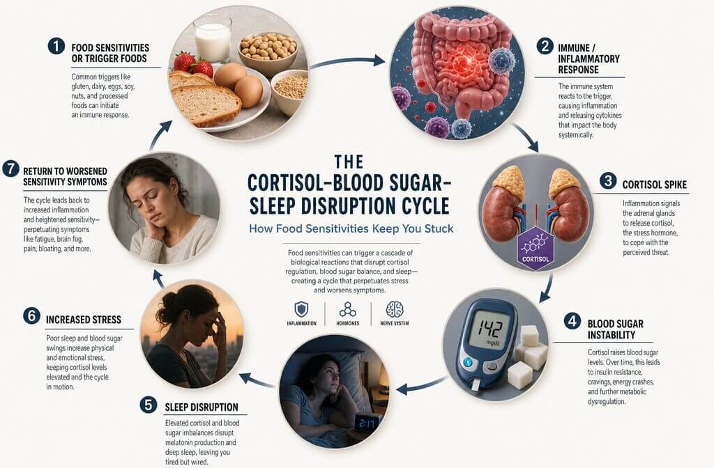 Infographic flowchart illustrating the cortisol-blood sugar-sleep disruption cycle triggered by food sensitivities, with