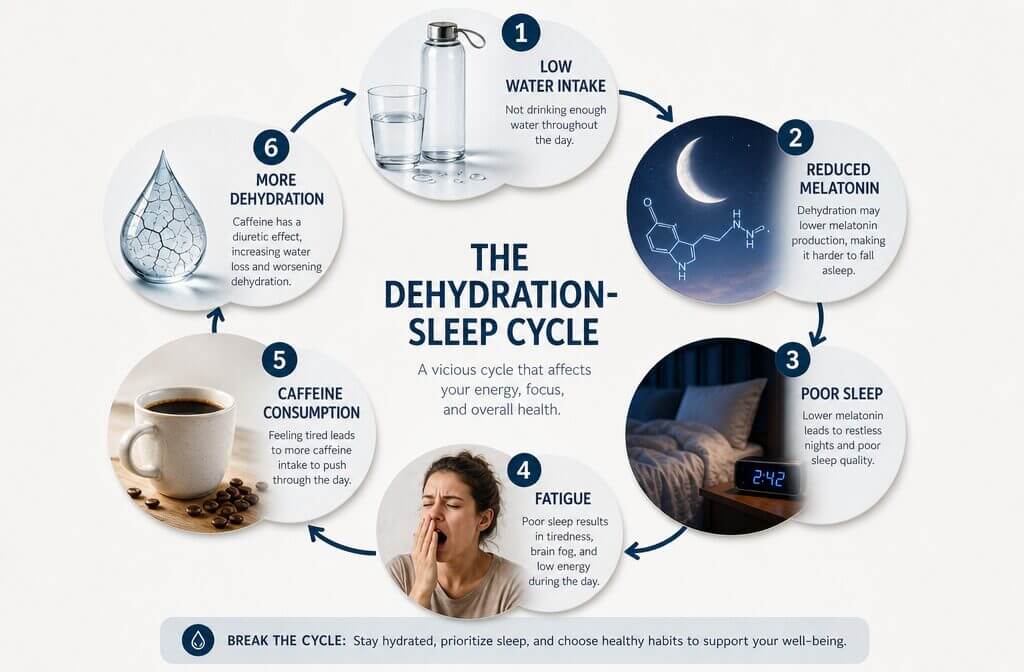 Infographic showing the dehydration-sleep cycle: circular diagram with icons depicting low water intake → reduced melatonin