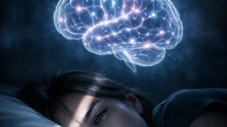 A close-up portrait of a person lying in bed