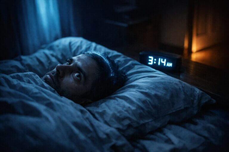 A lone figure lies perfectly still in a dim bedroom