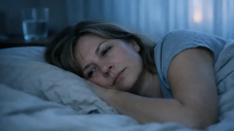 A lone woman in her mid-forties lying in a softly lit bedroom