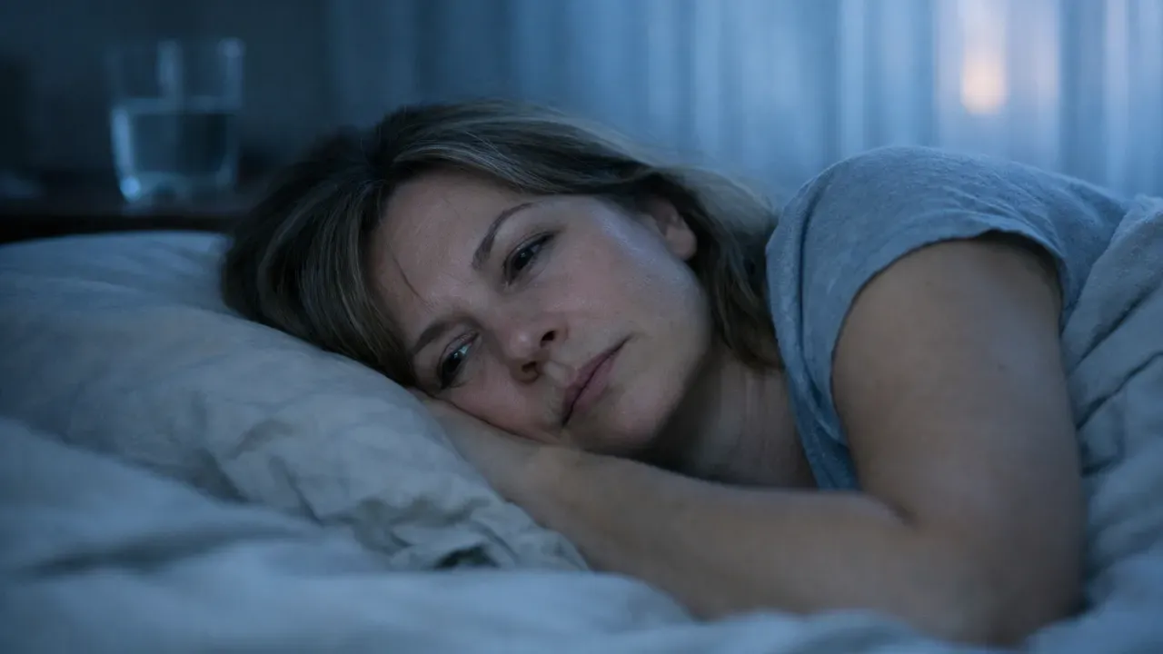 A lone woman in her mid-forties lying in a softly lit bedroom