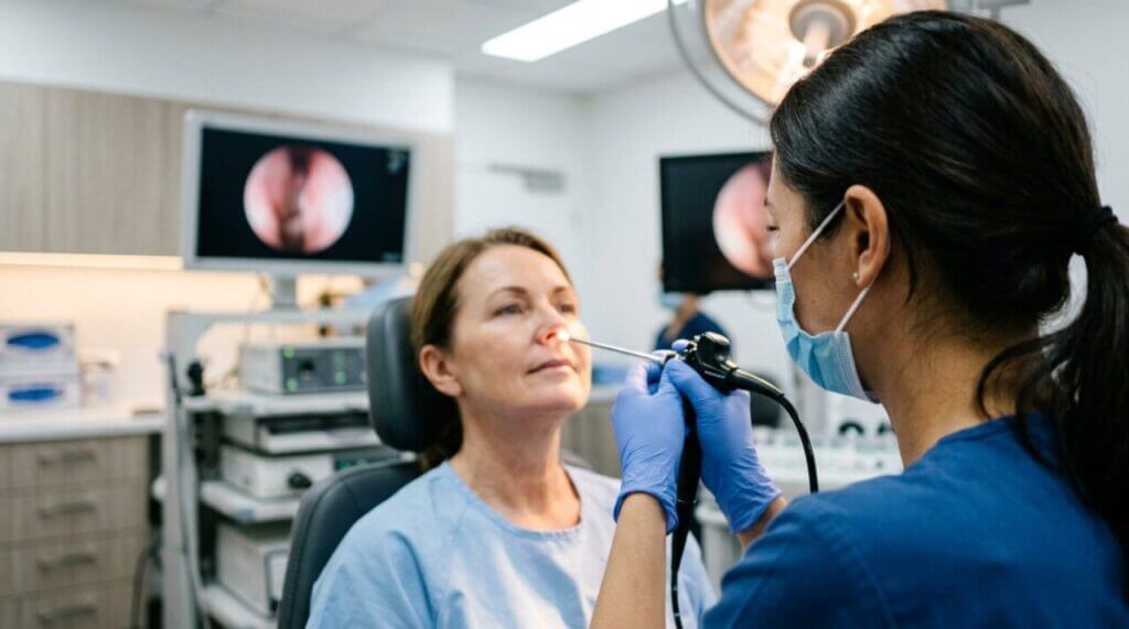 Doctor performing nasal endoscopy on patient
