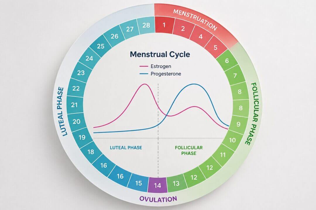 Circular diagram showing the menstrual cycle phases with estrogen and progesterone hormone levels graphed over 28 days,