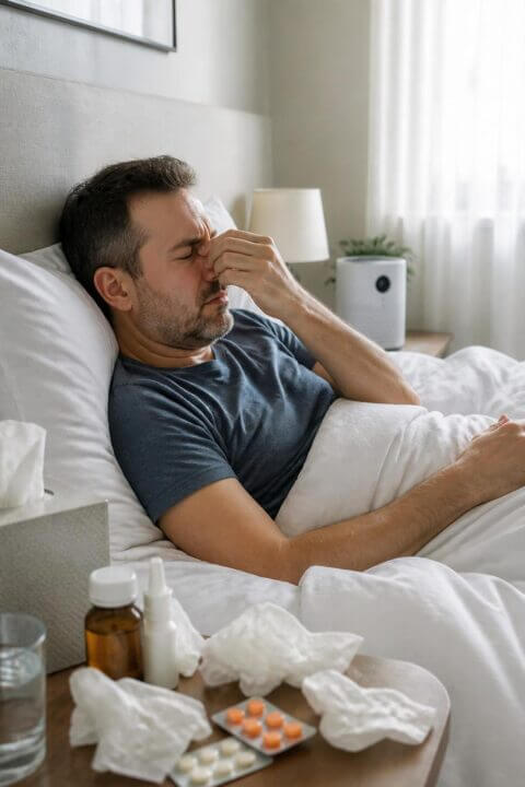 A middle-aged man lying in bed rubbing his nose, surrounded by tissues and allergy medicine, looking tired.