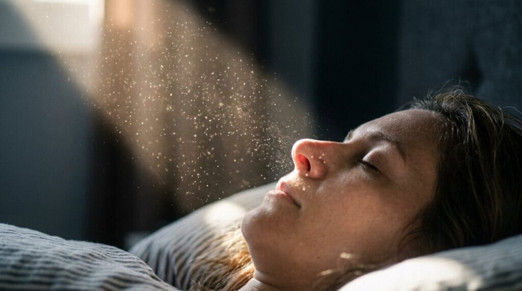 airborne dust motes dancing in a shaft of sunlight near a sleeping person's nose