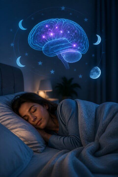 A person sleeping peacefully in a dimly lit bedroom with a glowing brain illustration above the bed representing REM sleep activity.