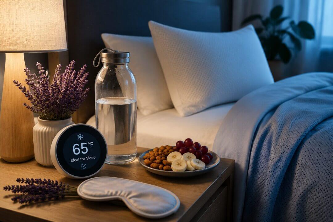 Bedroom setup guide illustration showing optimal sleep environment: cool temperature gauge, light healthy snacks, water