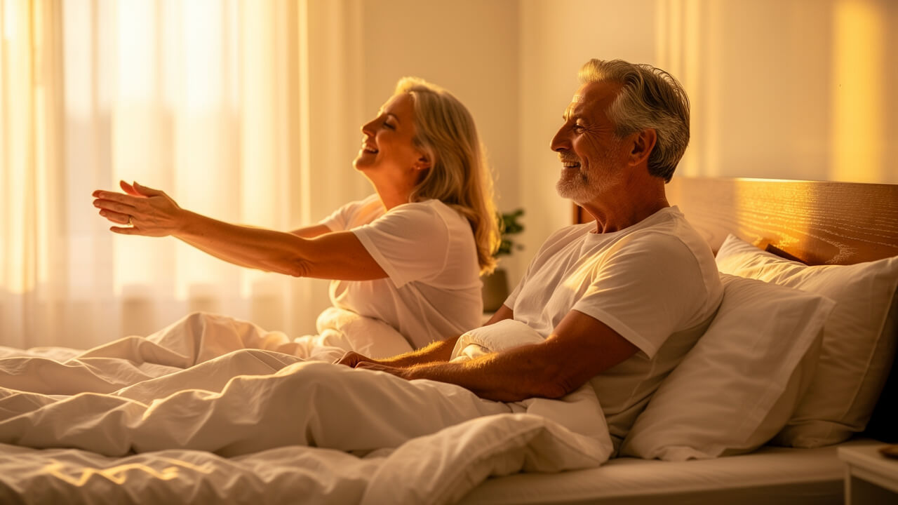 Couple waking up refreshed after treating snoring