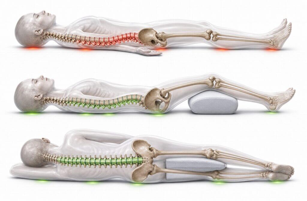 anatomical illustration showing three side-by-side cross-sections of the human spine and pelvis