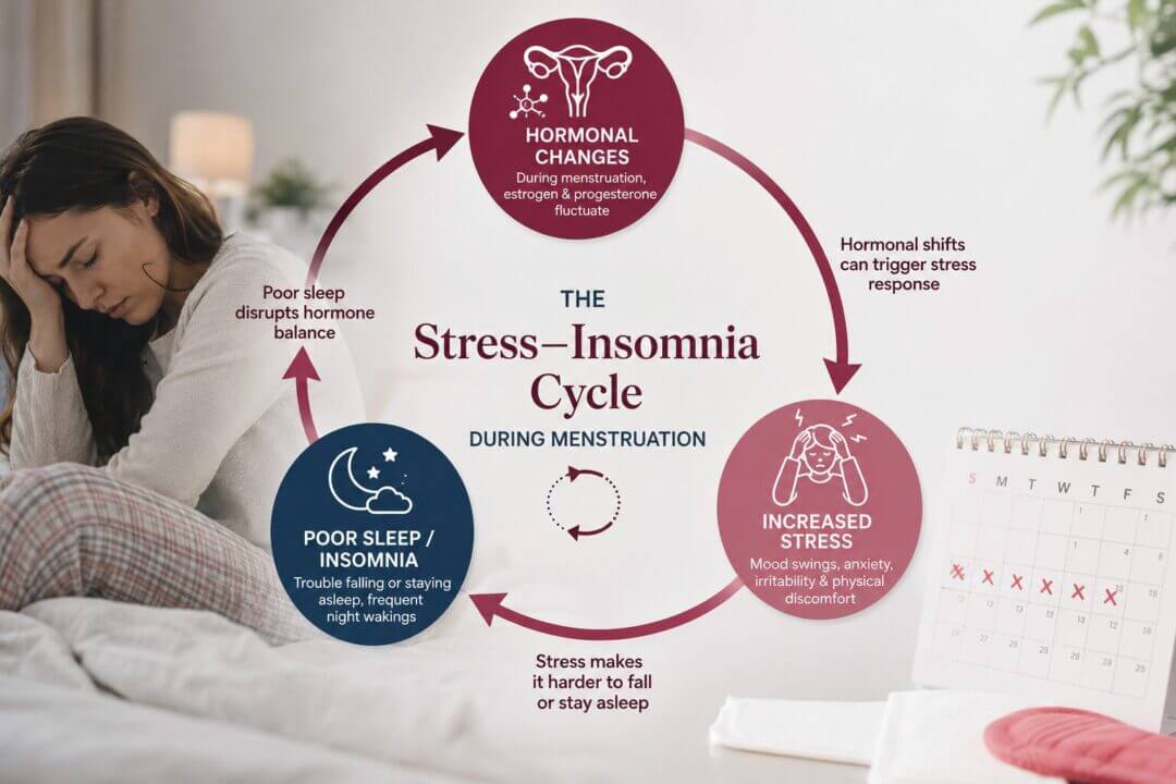 Infographic showing stress-insomnia cycle as a circular flow chart with arrows, depicting how hormonal changes, poor sleep,