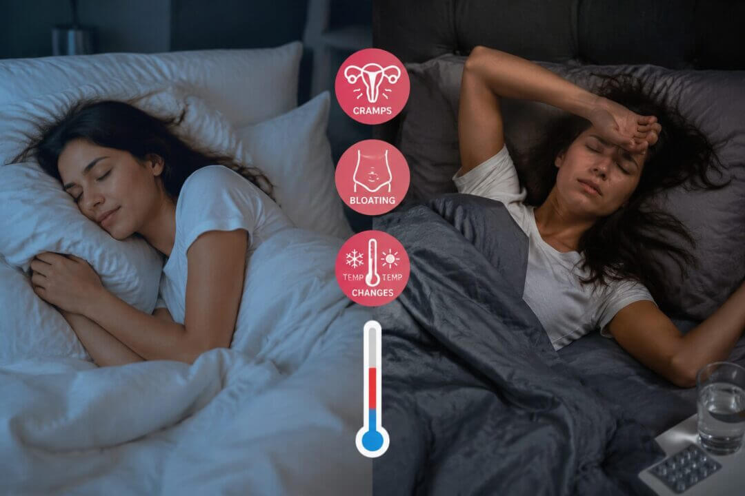 Split-screen comparison showing a woman sleeping peacefully vs tossing and turning, with icons representing menstrual
