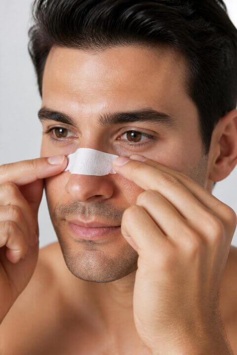 Close-up of a person applying a nasal strip on the bridge of their nose.