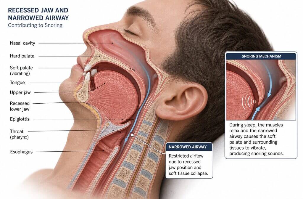 Cross-sectional diagram of human head and neck showing how recessed jaw from overbite narrows the airway passage, with