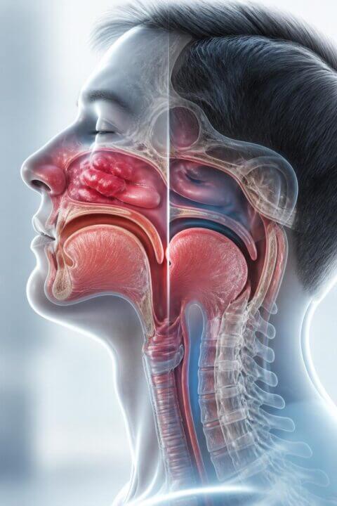 Side profile of a human head showing the airway with inflamed nasal passages on one side and a partially obstructed airway on the other.