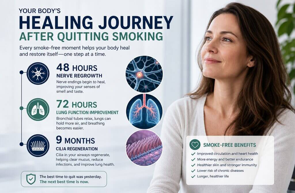 Infographic timeline showing body's healing process after quitting smoking: 48 hours nerve regrowth, 72 hours lung function
