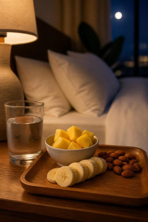 A bedside table with a glass of water, pineapple chunks, banana slices, and almonds next to a softly lit bed with white linens.