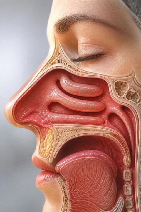 Close-up detailed anatomical view of the human nose showing internal nasal passages and nostrils.