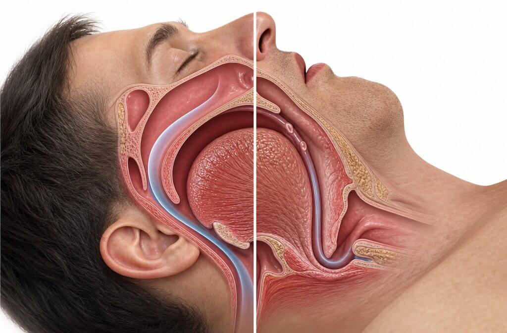 Medical illustration of human head/throat cross-section comparing hydrated vs dehydrated airways: left shows clear, moist