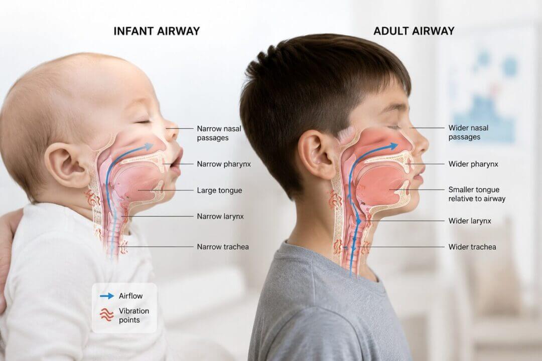 Anatomical diagram showing infant airway passages compared to adult airways, highlighting narrow passages with arrows