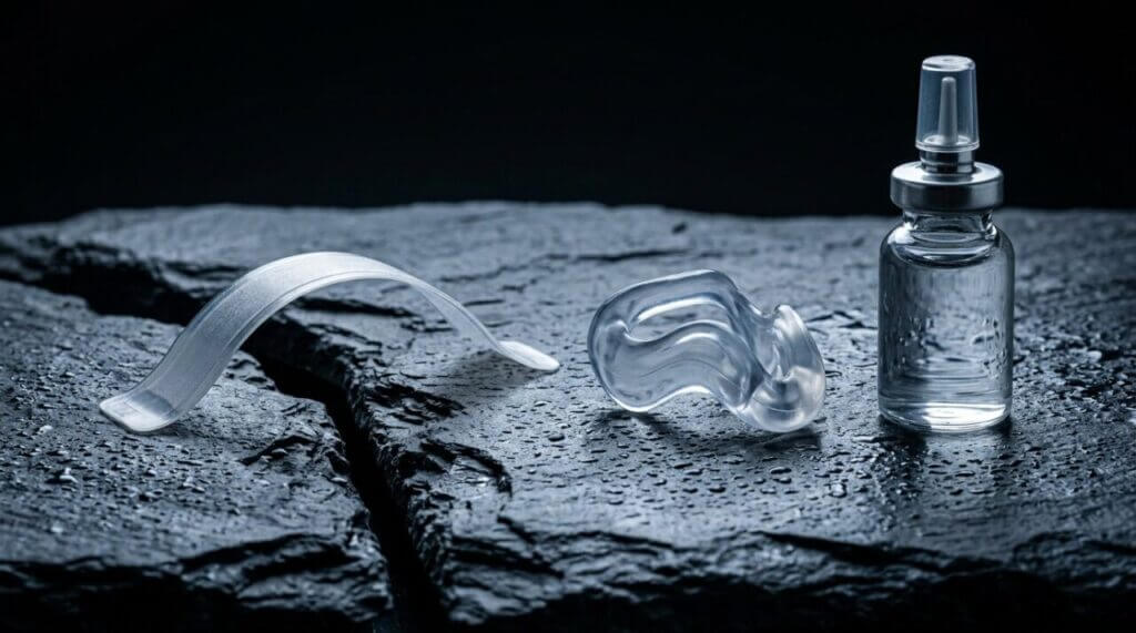 macro still life of three distinct snoring solutions resting on a slab 