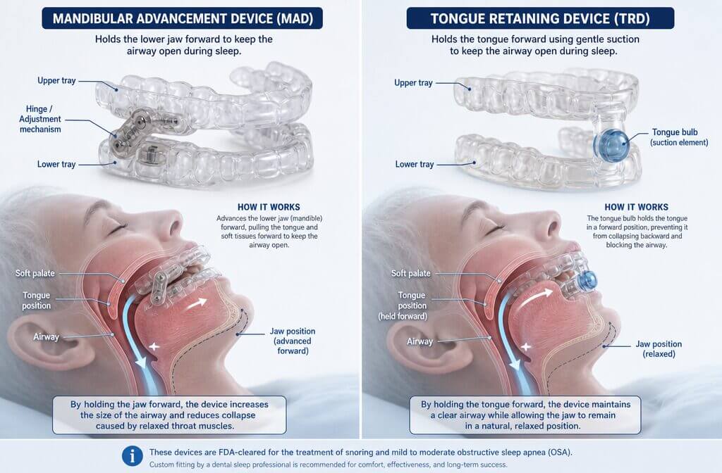 Visual guide showing anti-snoring mouthpiece devices (MAD and TRD types) with labeled parts and how they work to keep