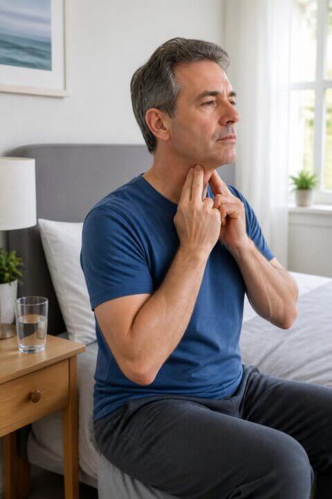 A middle-aged man doing throat exercises while sitting on the edge of a bed in a bright bedroom.