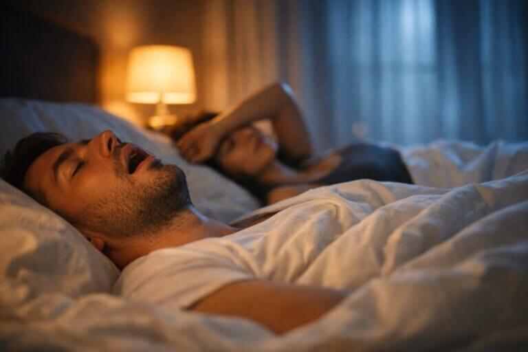 man lies asleep on his back while partner awake beside him