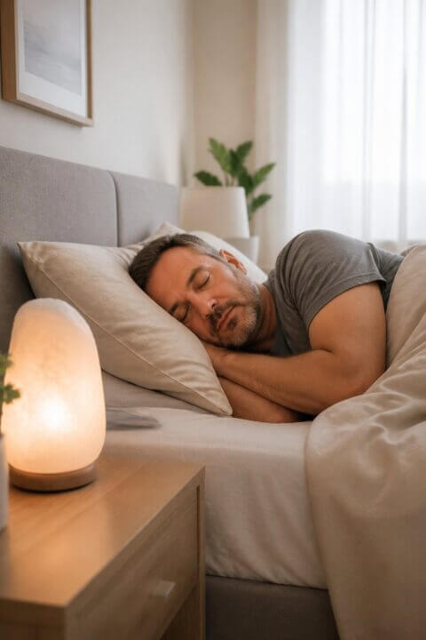 A man sleeping peacefully in a softly lit bedroom with a glowing salt lamp on the bedside table.
