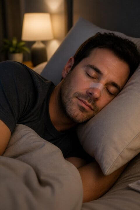 A man sleeping peacefully on his side with a nasal strip on his nose in a softly lit bedroom.