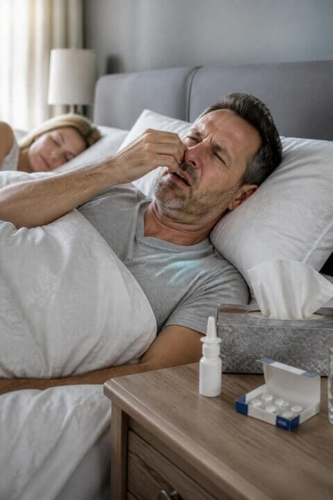 A man lying in bed looking uncomfortable with allergy items on a bedside table while a woman sleeps peacefully in the background.