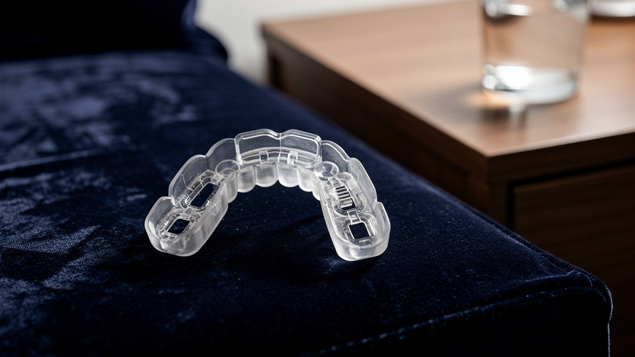 Mandibular advancement device mouthpiece on nightstand beside water glass